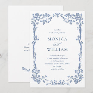 Invitación Elegante Boda Floral de Jardín Francés Barroco Azu