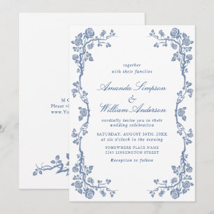 Invitación Elegante Boda Floral de Jardín Francés Barroco Azu