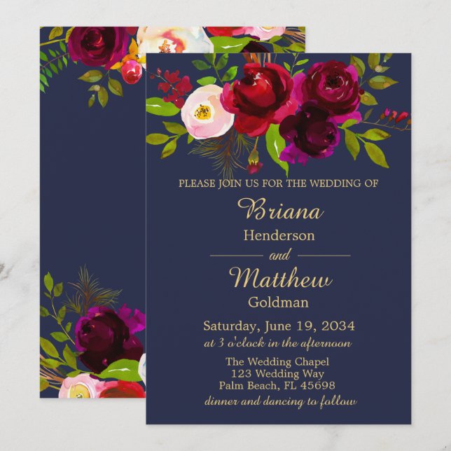 Invitación Elegante Boda floral de la Marina Azul de Borgoña (Anverso / Reverso)