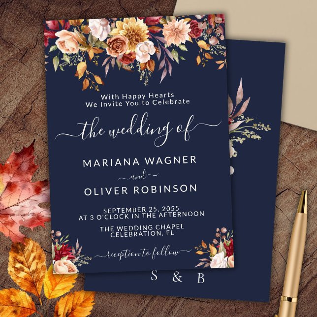 Invitación Elegante Boda floral de la marina azul otoño (Subido por el creador)