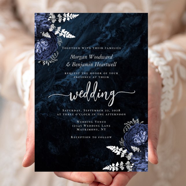 Invitación Elegante Boda floral de la Marina Azul Plata (Subido por el creador)