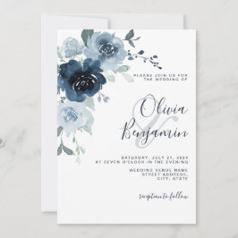 Invitación Elegante Boda Floral de la Marina Azul Polvorienta