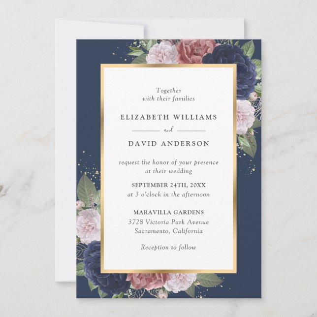 Invitación Elegante Boda floral de la Marina Azul y Rubor (Anverso)