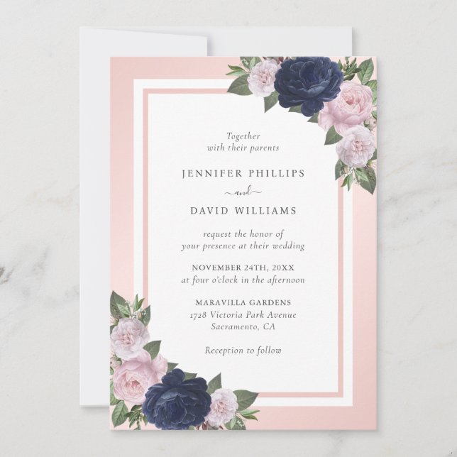 Invitación Elegante Boda floral de la Marina Azul y Rubor (Anverso)