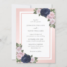 Invitación Elegante Boda floral de la Marina Azul y Rubor