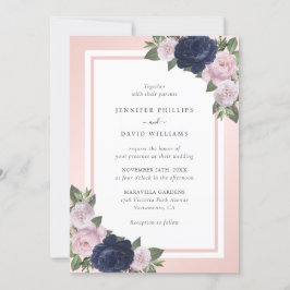 Invitación Elegante Boda floral de la Marina Azul y Rubor