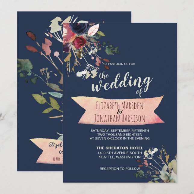 Invitación Elegante Boda floral de la Marina de Boho Blue Bur (Anverso / Reverso)