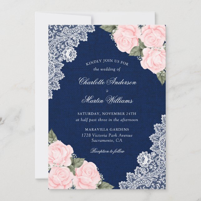 Invitación Elegante Boda floral de la Marina de Rubor Blue Bu (Anverso)
