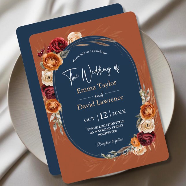 Invitación Elegante boda floral de la marina naranja de otoño (Subido por el creador)