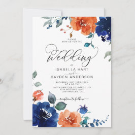 Invitación Elegante Boda floral de la Marina Naranja quemada