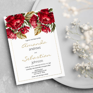 Invitación Elegante boda floral de las peonías rojas de oro d