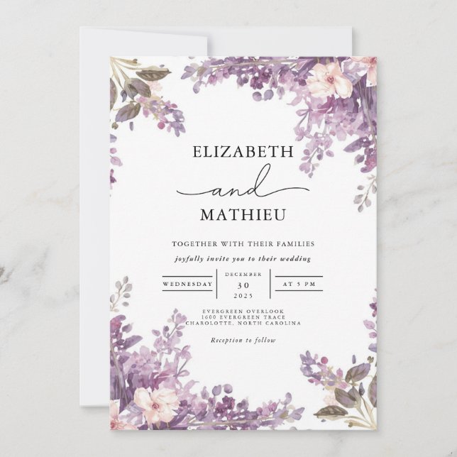 Invitación Elegante Boda floral de Lavanda (Anverso)