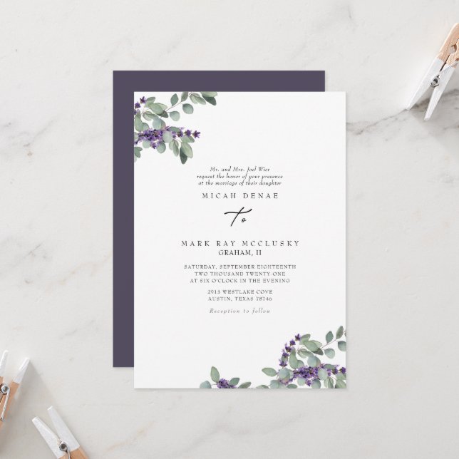 Invitación Elegante Boda floral de Lavanda (Anverso/Reverso In Situ)