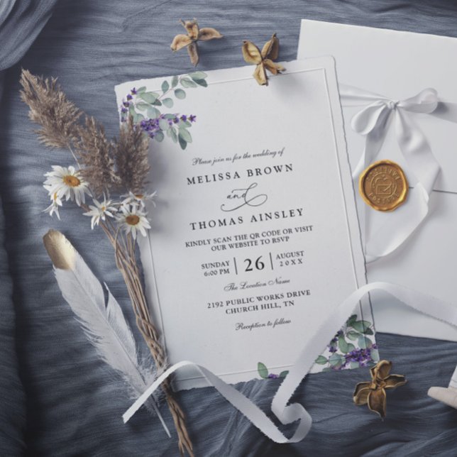 Invitación Elegante boda floral de lavanda moderna con código (Subido por el creador)
