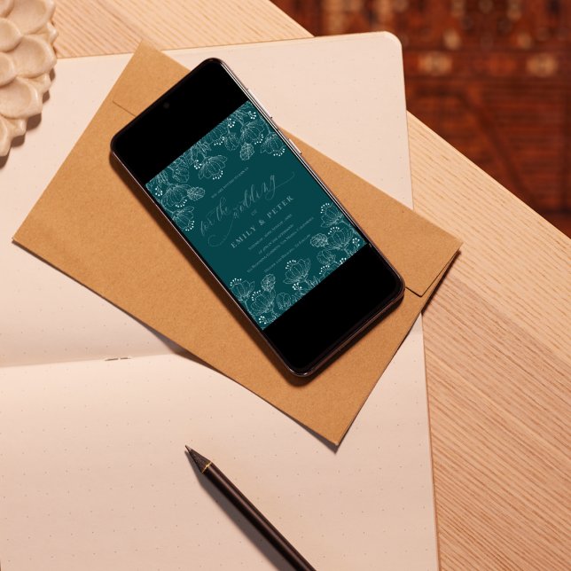 Invitación Elegante Boda floral de línea blanca verde Minimal (Elegant Green White Minimalist Line Floral Wedding Invitation)