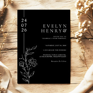 Invitación Elegante Boda Floral de Línea Negra Esbelta