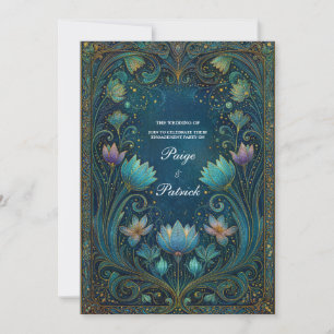 Invitación Elegante Boda Floral de Loto Cian Art Nouveau