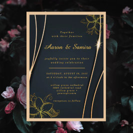 Invitación Elegante Boda Floral de Lujo Negro y Dorado