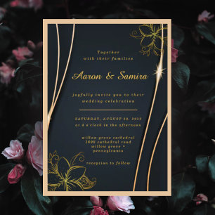 Invitación Elegante Boda Floral de Lujo Negro y Dorado