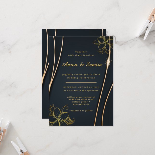 Invitación Elegante boda floral de lujo negro y oro (Anverso/Reverso In Situ)