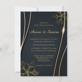 Invitación Elegante boda floral de lujo negro y oro