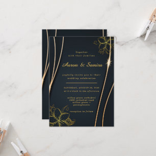 Invitación Elegante boda floral de lujo negro y oro