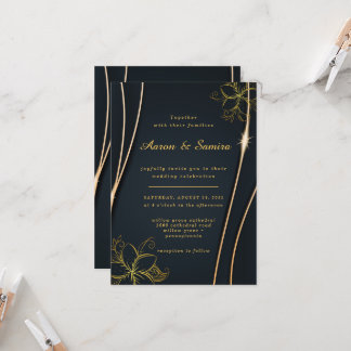 Invitación Elegante boda floral de lujo negro y oro