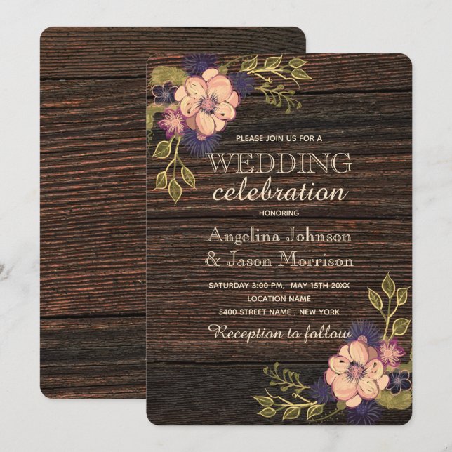 Invitación Elegante boda floral de madera (Anverso / Reverso)