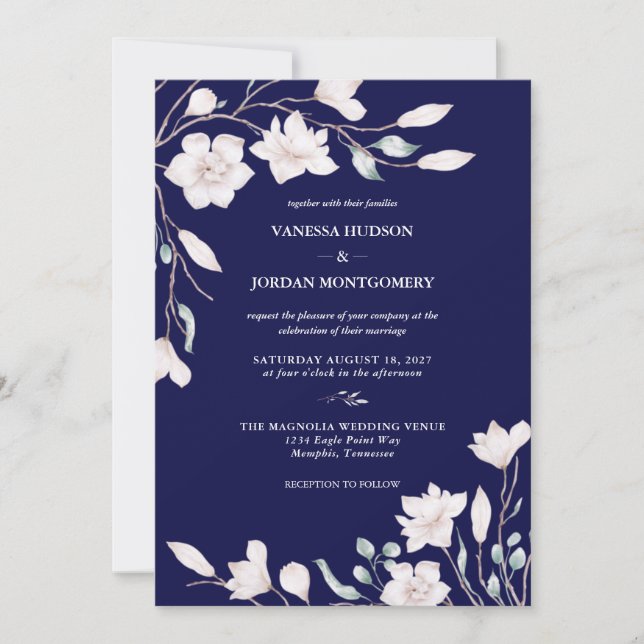 Invitación Elegante Boda floral de Magnolia azul y blanca (Anverso)