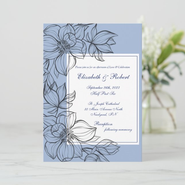 Invitación Elegante Boda floral de mano azul dibujado (Anverso de pie)