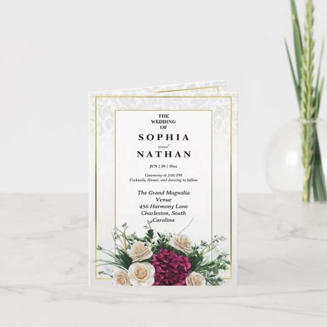Invitación Elegante Boda floral de marco dorado clásico (Anverso)