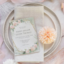 Invitación Elegante Boda floral de marco dorado verde