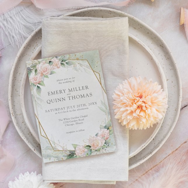 Invitación Elegante Boda floral de marco dorado verde (Subido por el creador)