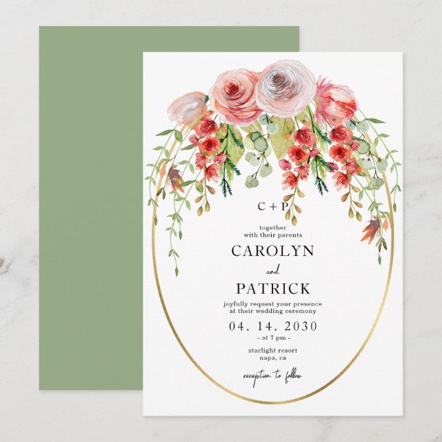 Invitación Elegante Boda floral de marco ovalado de ovalado d (Anverso / Reverso)