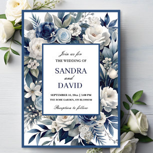 Invitación Elegante Boda floral de marfil azul y plateado