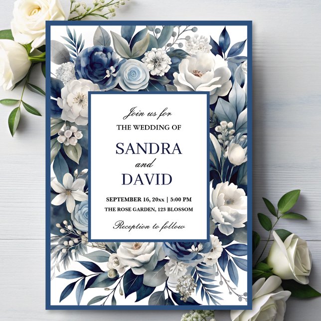 Invitación Elegante Boda floral de marfil azul y plateado (Subido por el creador)