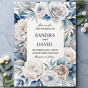 Invitación Elegante Boda floral de marfil azul y plateado