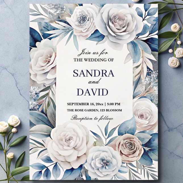 Invitación Elegante Boda floral de marfil azul y plateado (Subido por el creador)