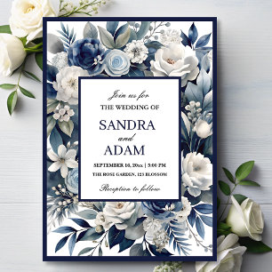 Invitación Elegante Boda floral de marfil azul y plateado