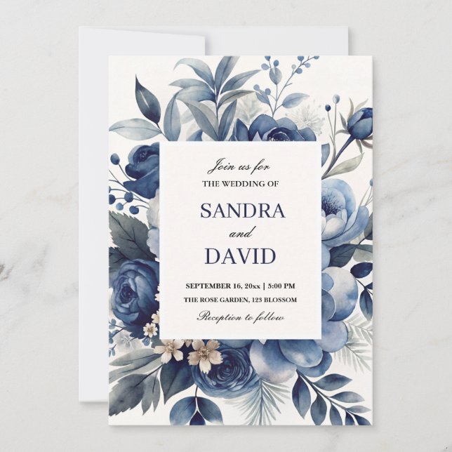 Invitación Elegante Boda floral de marfil azul y plateado (Anverso)