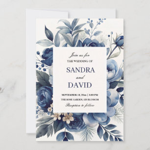 Invitación Elegante Boda floral de marfil azul y plateado