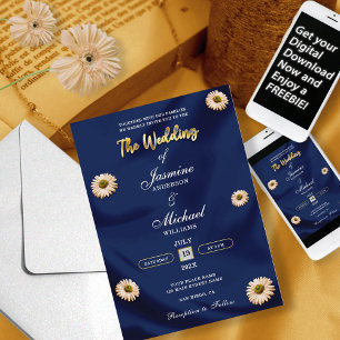 Invitación Elegante Boda floral de marfil de oro azul de la m