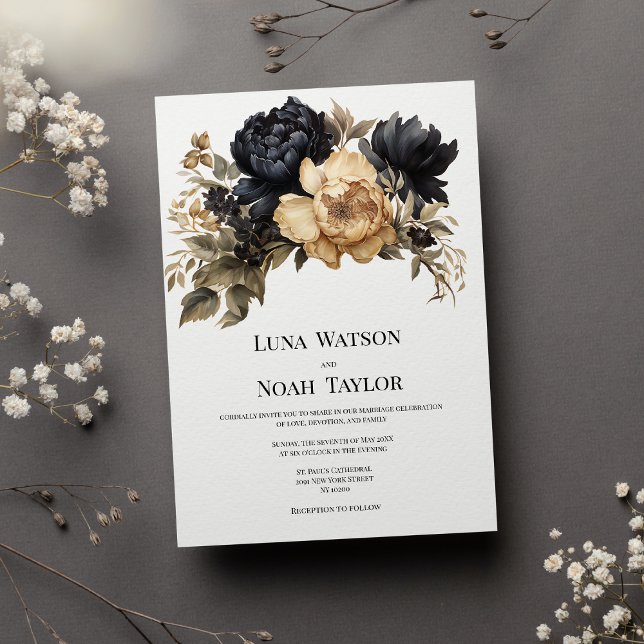 Invitación Elegante Boda floral de marfil de oro negro (Elegant black gold ivory peony floral Wedding)