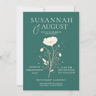 Invitación Elegante Boda Floral de Marfil Verde Esmeralda