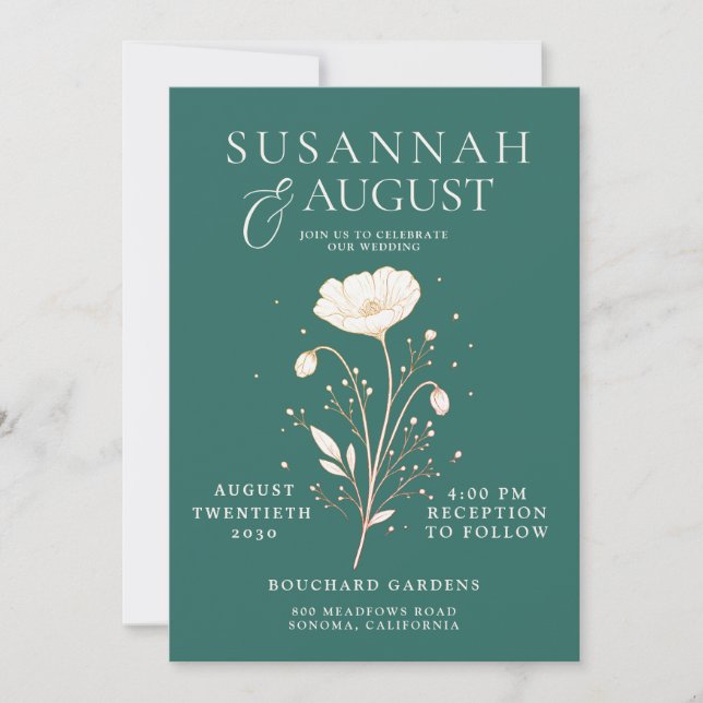 Invitación Elegante Boda Floral de Marfil Verde Esmeralda (Anverso)