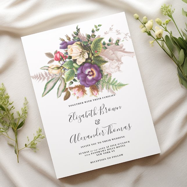 Invitación Elegante boda floral de marfil violeta verde (Elegant vintage purple ivory green floral wedding )