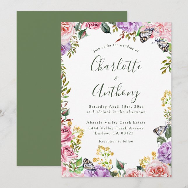 Invitación Elegante Boda floral de mariposa de primavera (Anverso / Reverso)