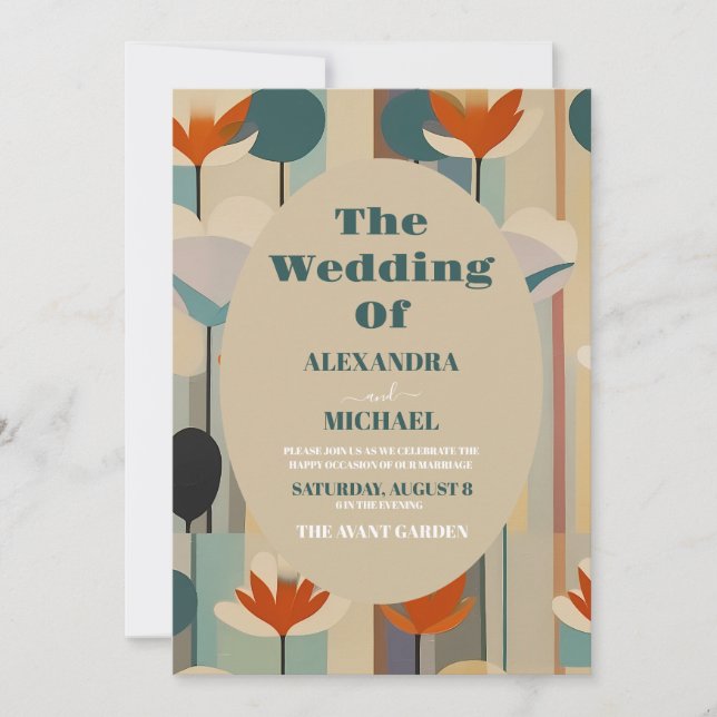 Invitación Elegante Boda floral de mediados del siglo (Anverso)
