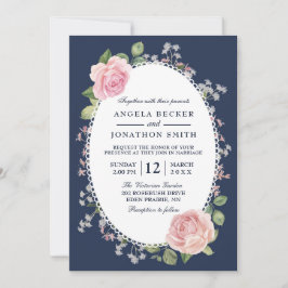 Invitación Elegante Boda floral de medianoche azul y rosa