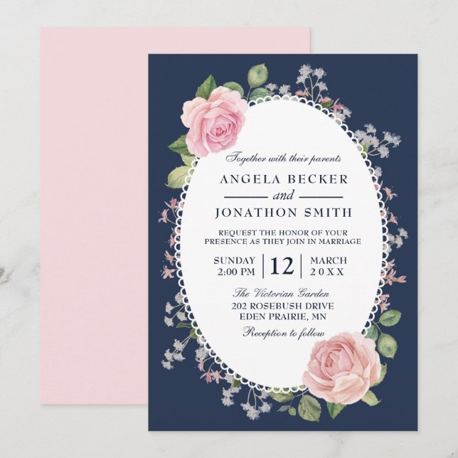 Invitación Elegante Boda floral de medianoche azul y rosa (Anverso / Reverso)